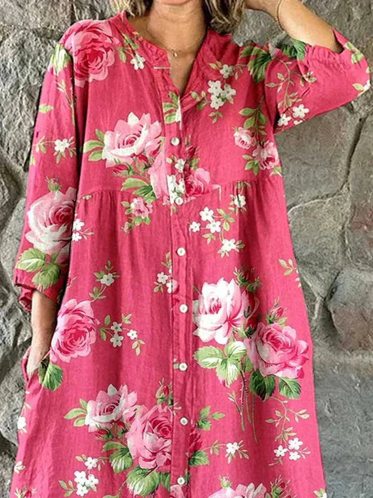 Maddie Art Floral Klänning 100% Bomull V-Hals Rosa