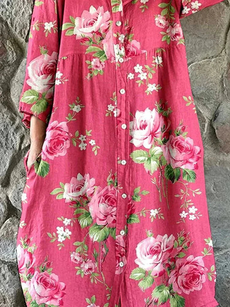 Maddie Art Floral Klänning 100% Bomull V-Hals Rosa