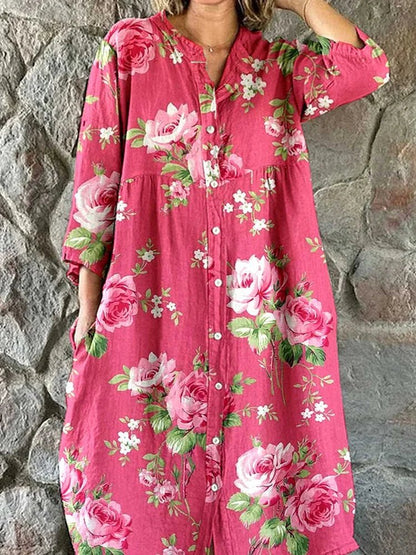 Maddie Art Floral Klänning 100% Bomull V-Hals Rosa